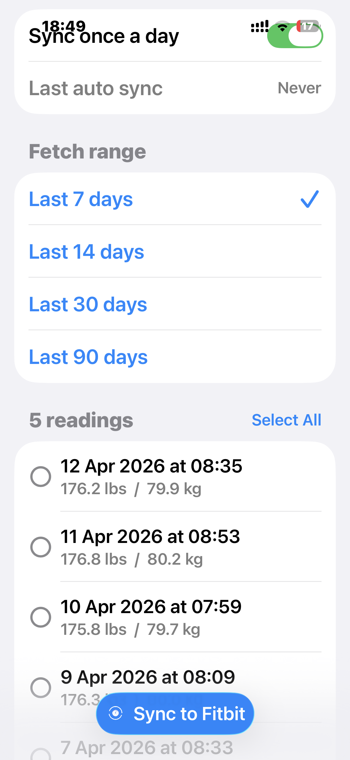 SyncWeightBit readings screen